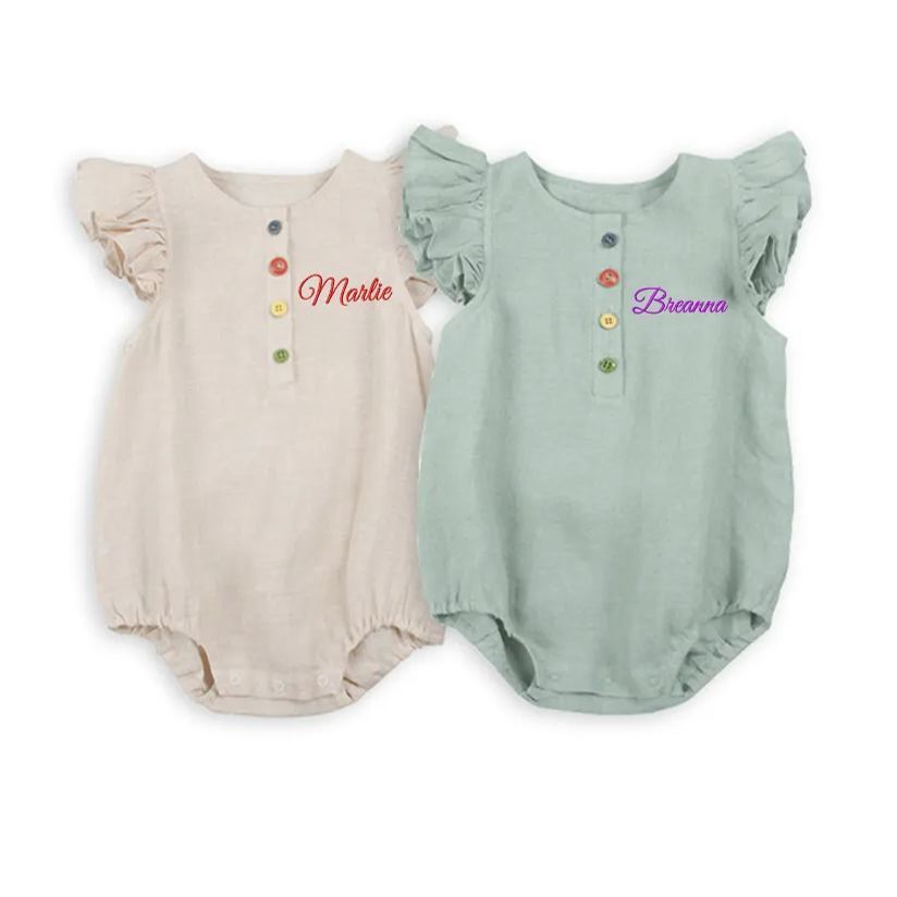 Personalized Embroidery Baby Ruffled Sleeves Colorful Buttoned Romper | inRomper30