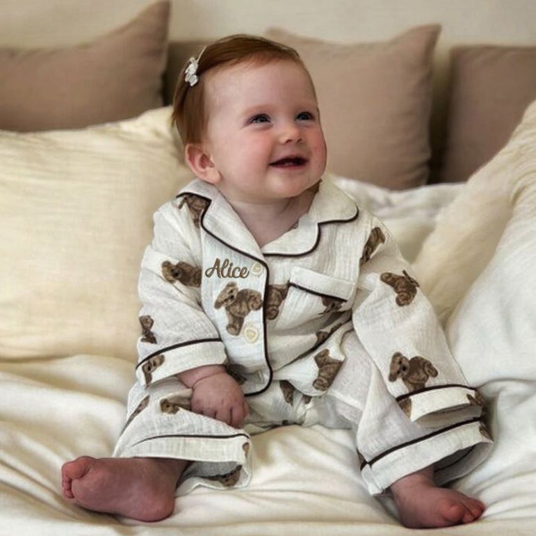Personalized Kids Cotton Muslin Teddy Pajamas Set | inSet66