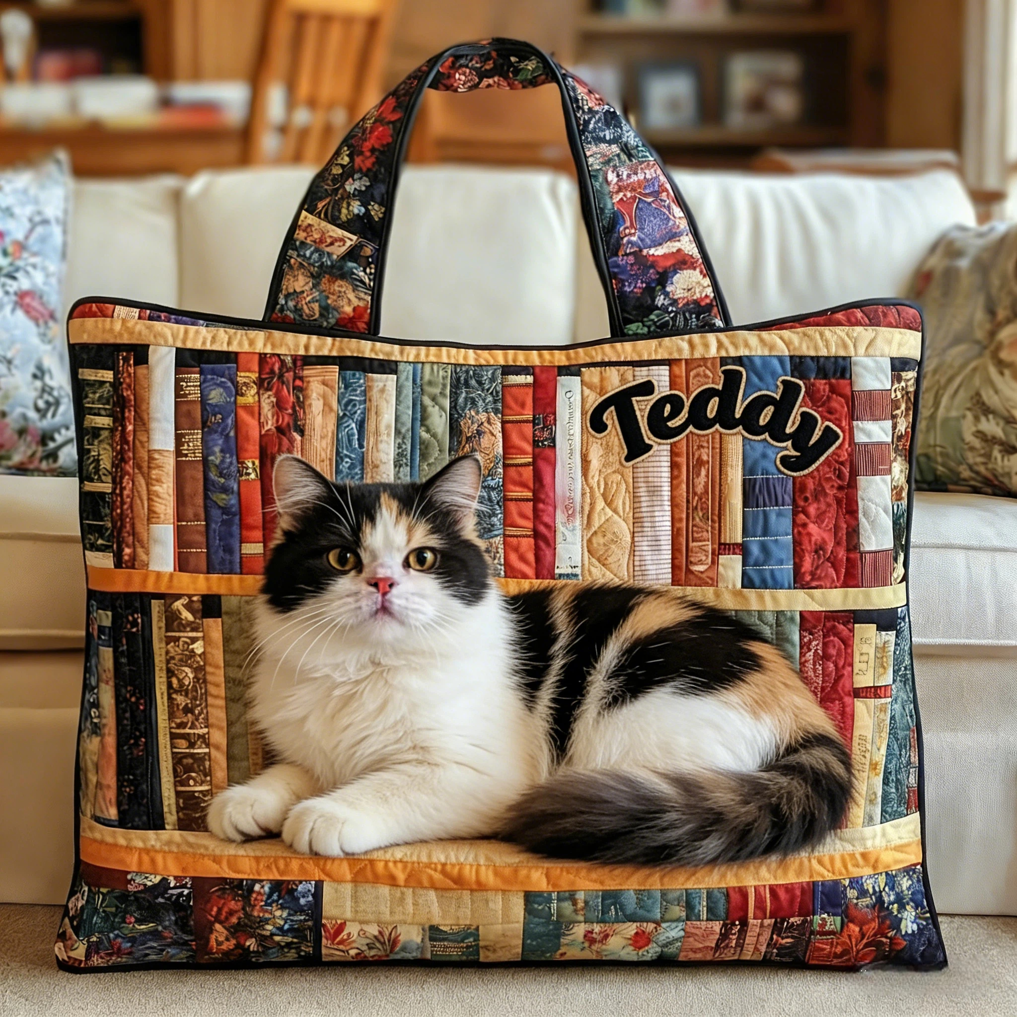 Personalised Vintage Timeless Tortoiseshell Cat Quilted Tote Bag | inBag88