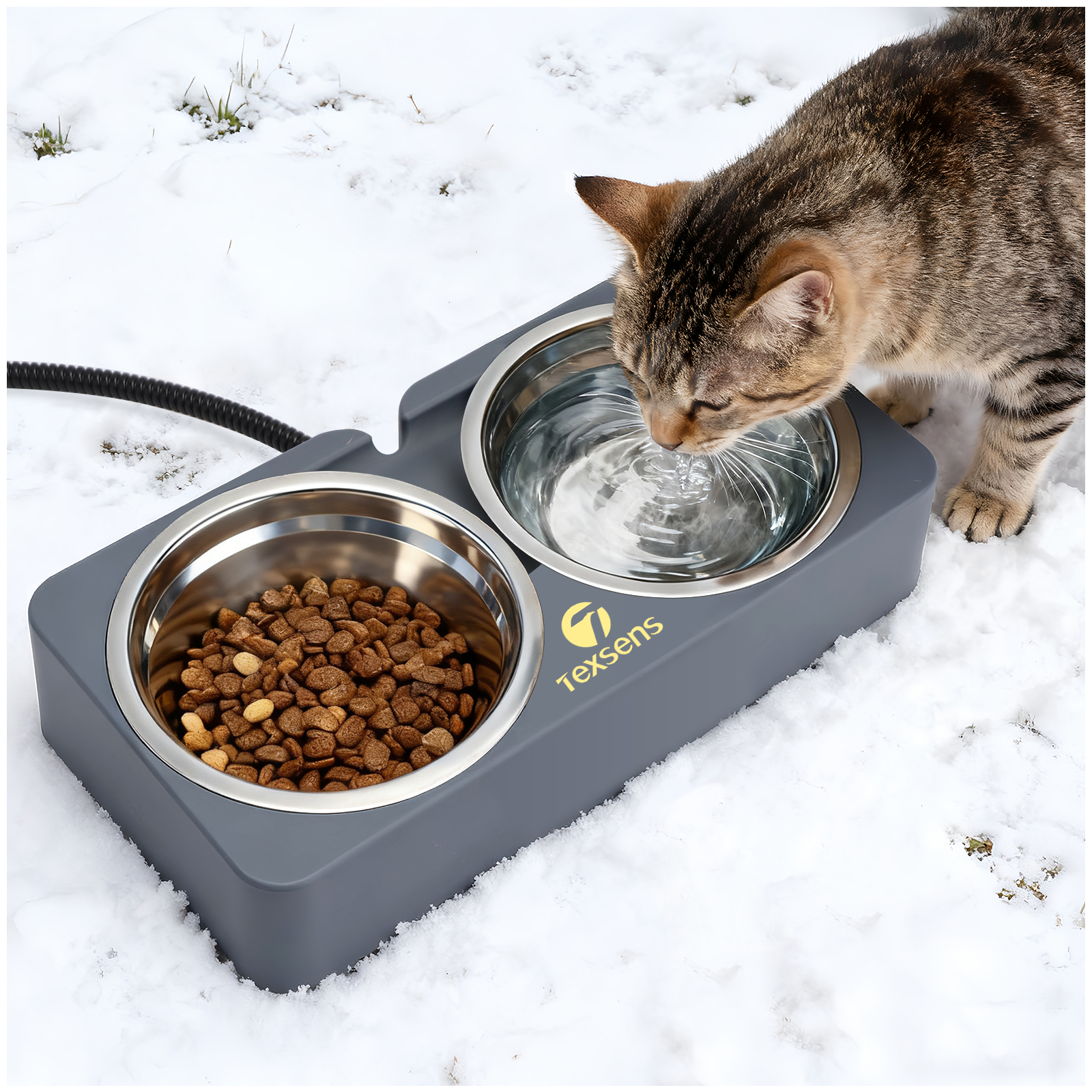 Heated Cat Bowl for Outdoor Pets - Double Stainless Steel Food & Water Bowls-- 20.3 OZ Each