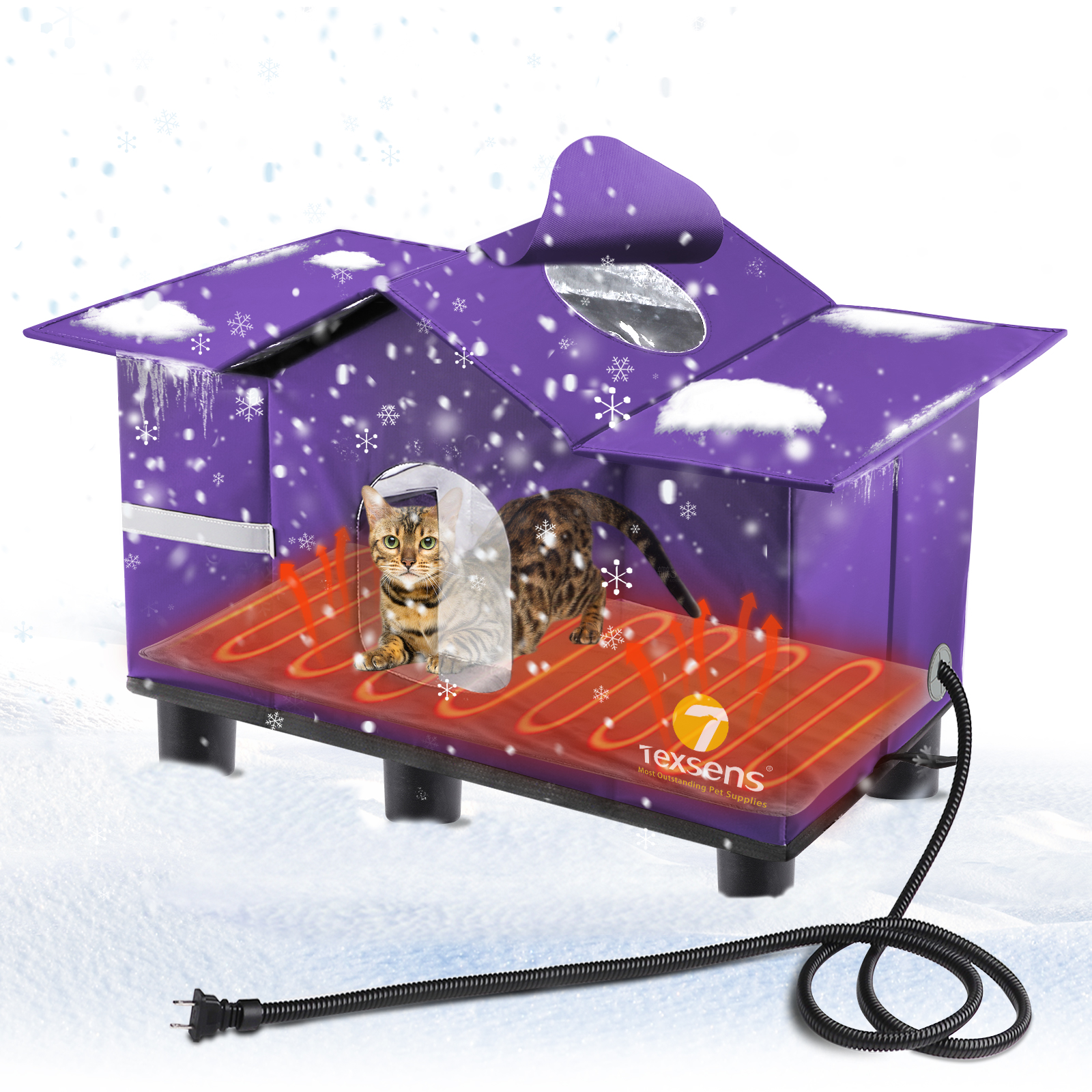 Texsens Heated Cat House for Outside-Purple