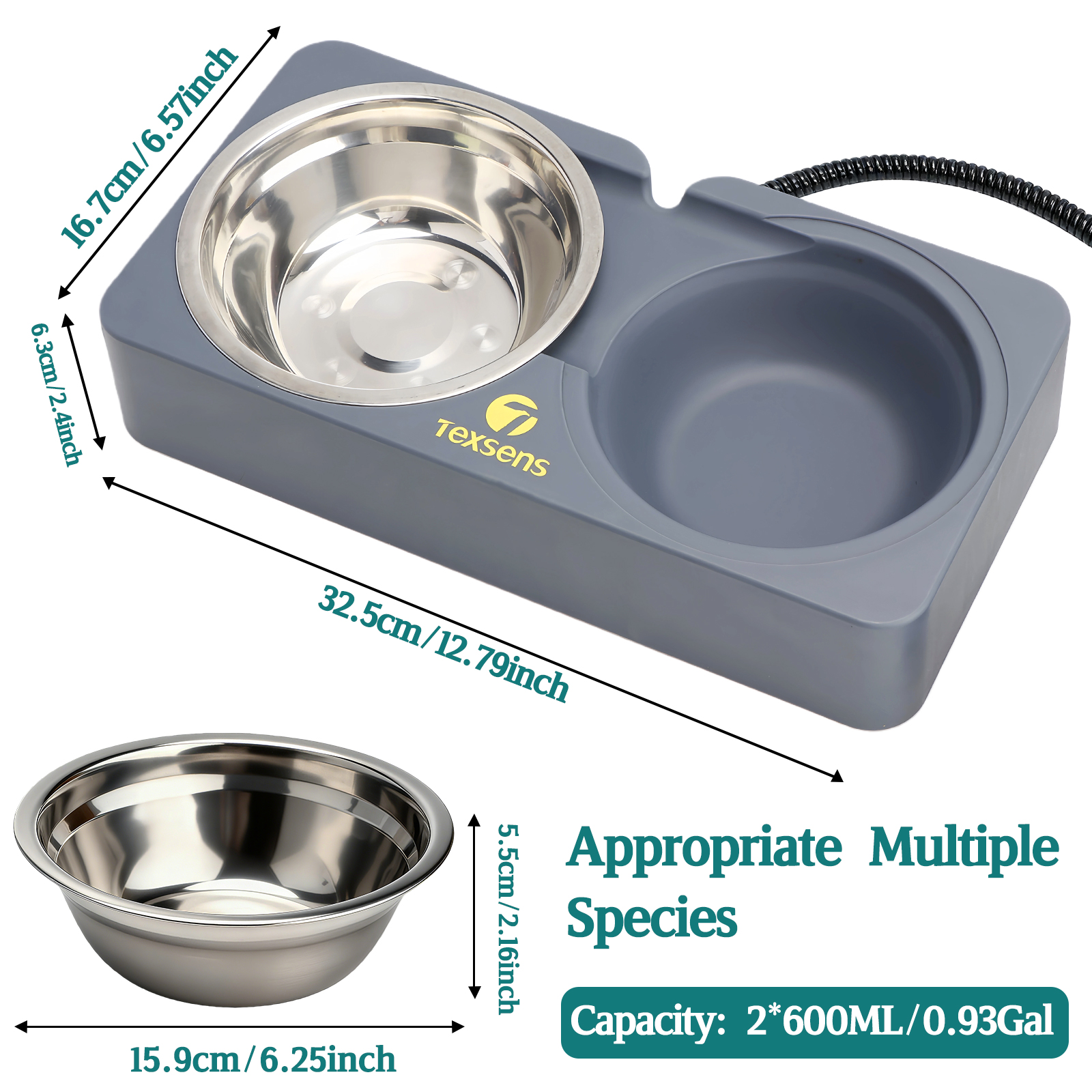 Heated Cat Bowl for Outdoor Pets - Double Stainless Steel Food & Water Bowls-- 20.3 OZ Each