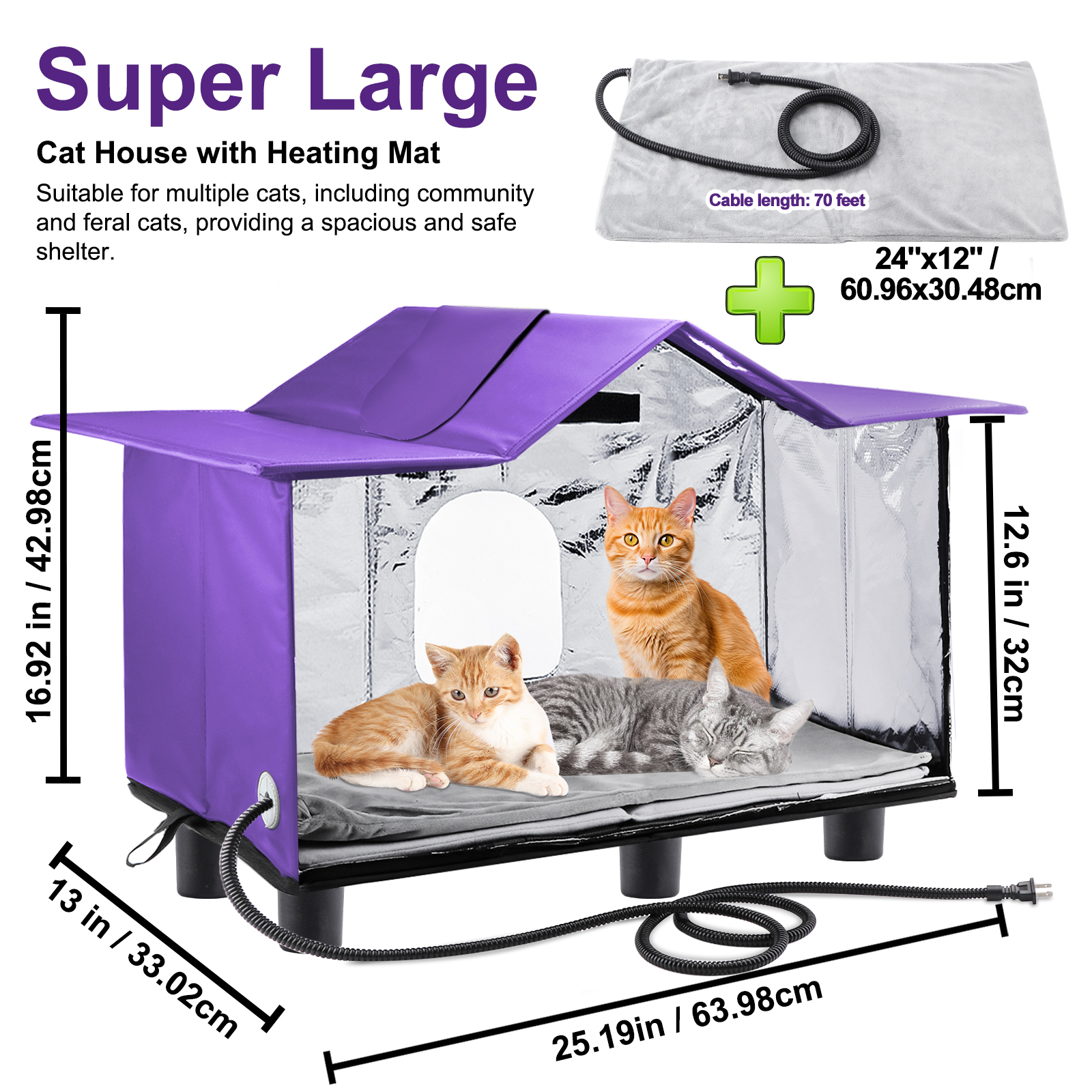 Texsens Heated Cat House for Outside-Purple