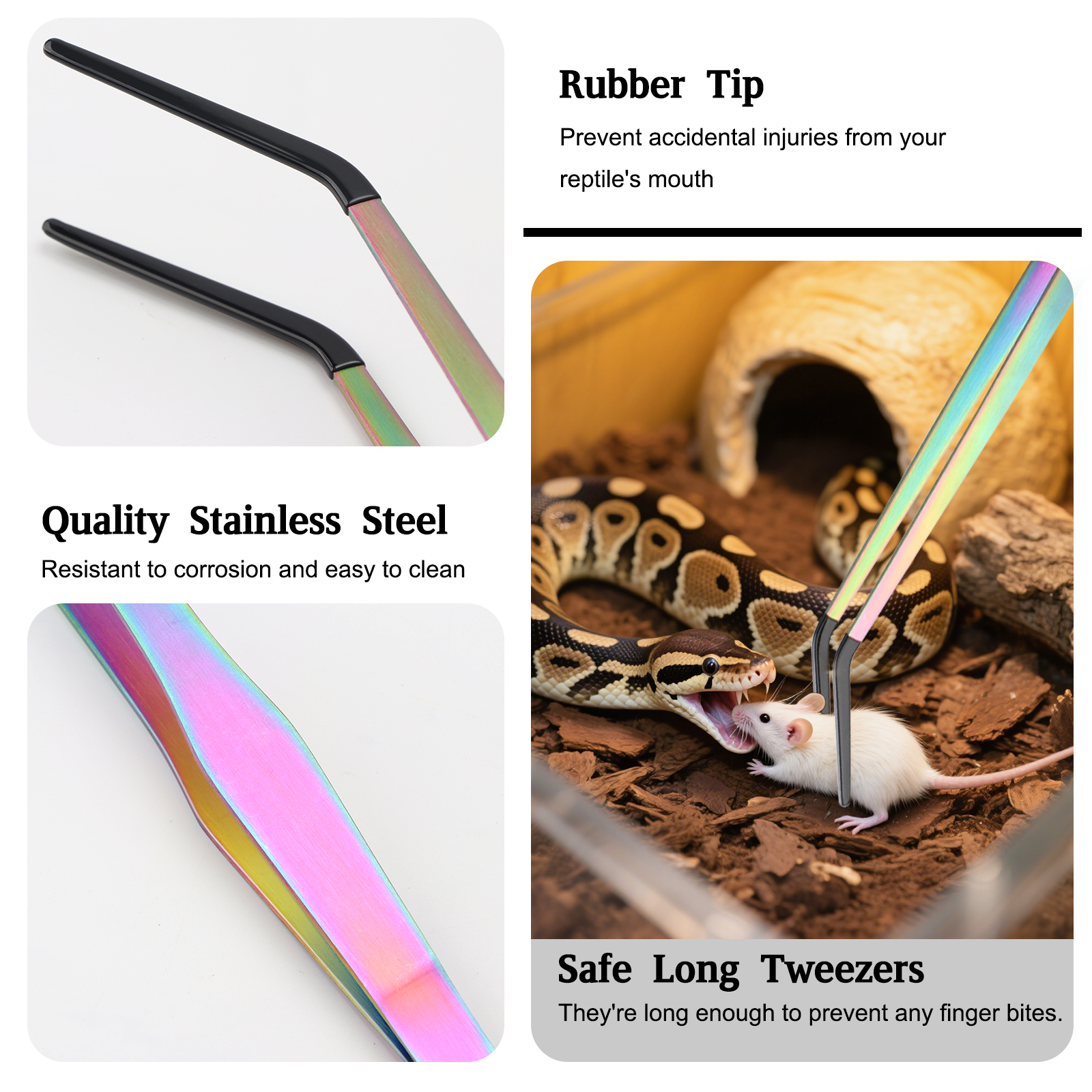 Texsens OLIISS Reptile Feeding Tongs with Rubber Tip - 15" Extra Long Tweezers for Aquariums & Crafts 