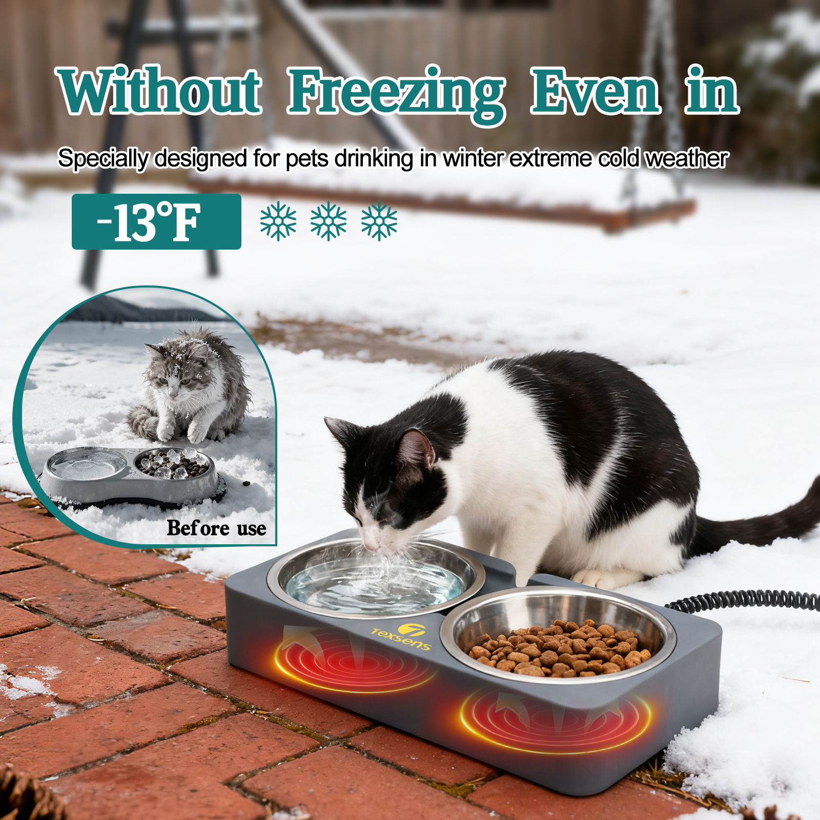 Heated Cat Bowl for Outdoor Pets - Double Stainless Steel Food & Water Bowls-- 20.3 OZ Each