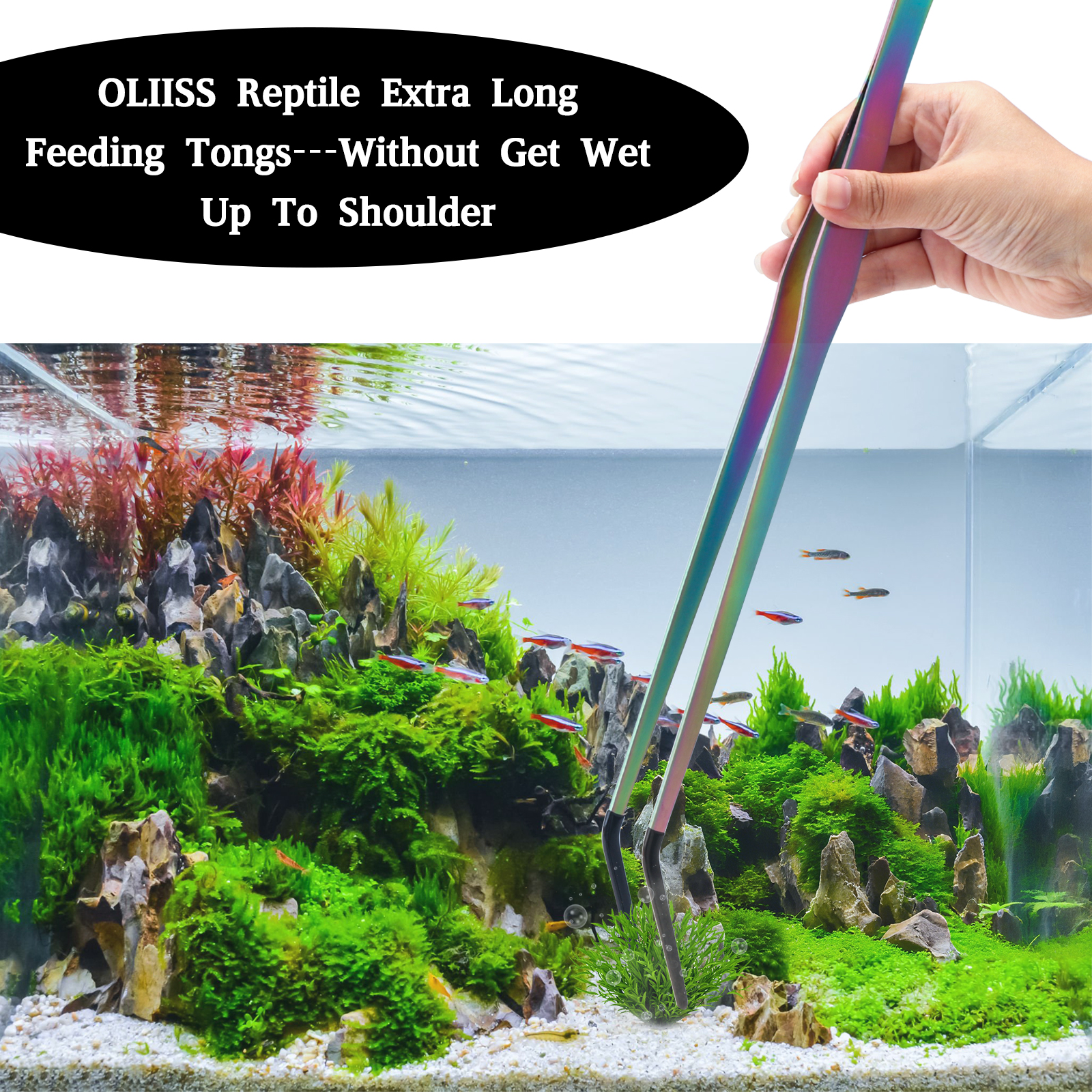 Texsens OLIISS Reptile Feeding Tongs with Rubber Tip - 15" Extra Long Tweezers for Aquariums & Crafts 