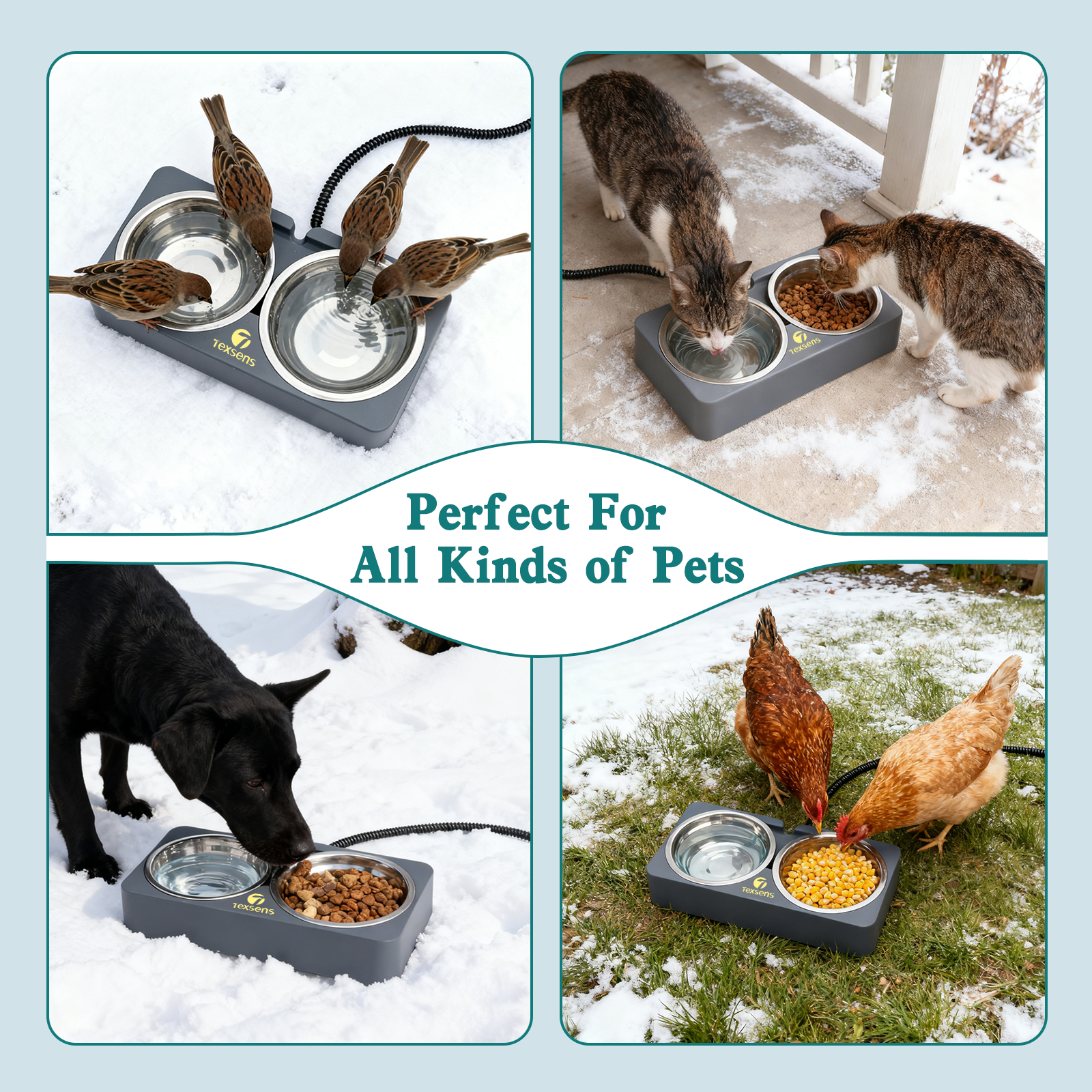 Heated Cat Bowl for Outdoor Pets - Double Stainless Steel Food & Water Bowls-- 20.3 OZ Each