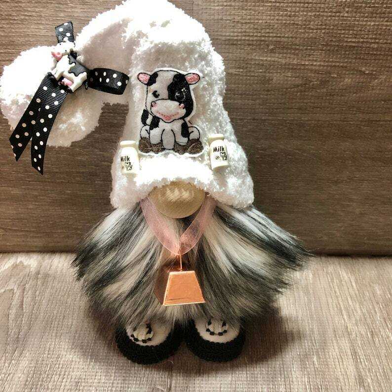 Black White Cow Gnome with Cowbell--Tiered Tray Gnome