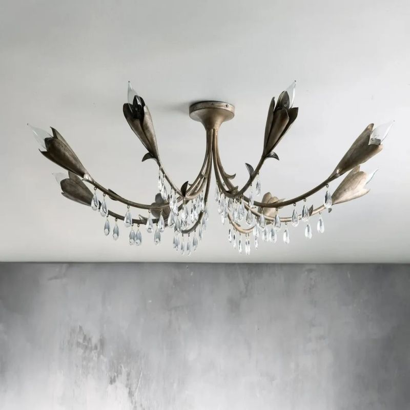 Gothic Viticci Leaf Flushmount 8-Light - Silver-VaseLamps