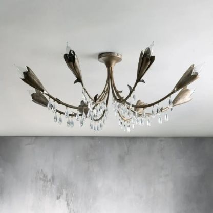 Gothic Viticci Leaf Flushmount 8-Light - Silver-VaseLamps