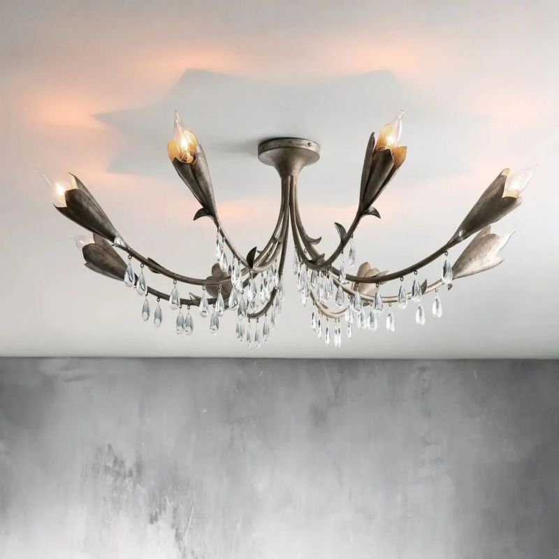 Gothic Viticci Leaf Flushmount 8-Light - Silver-VaseLamps