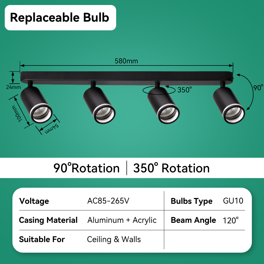 CANMEIJIA Long Strip Ceiling Spotlight, Straight Cylinder with Acrylic Ring, Model GU10