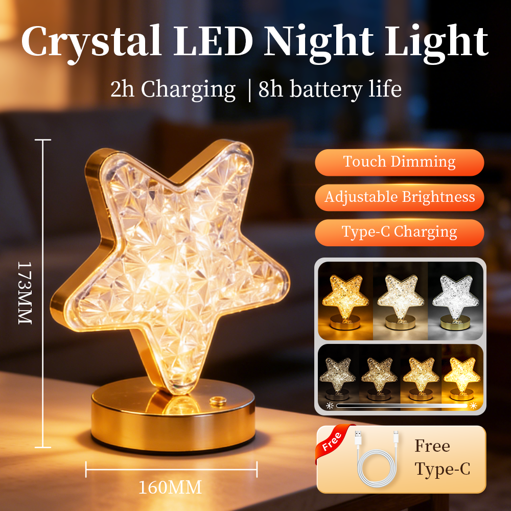 Rechargeable Crystal LED Night Light - Star, Moon & Oval