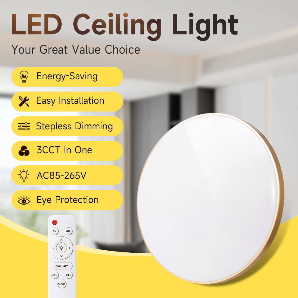 CANMEIJIA Ceiling Light Triple-Proof Model 001 Round Gold Frame Infrared Remote Control Dimming and Color Adjustment