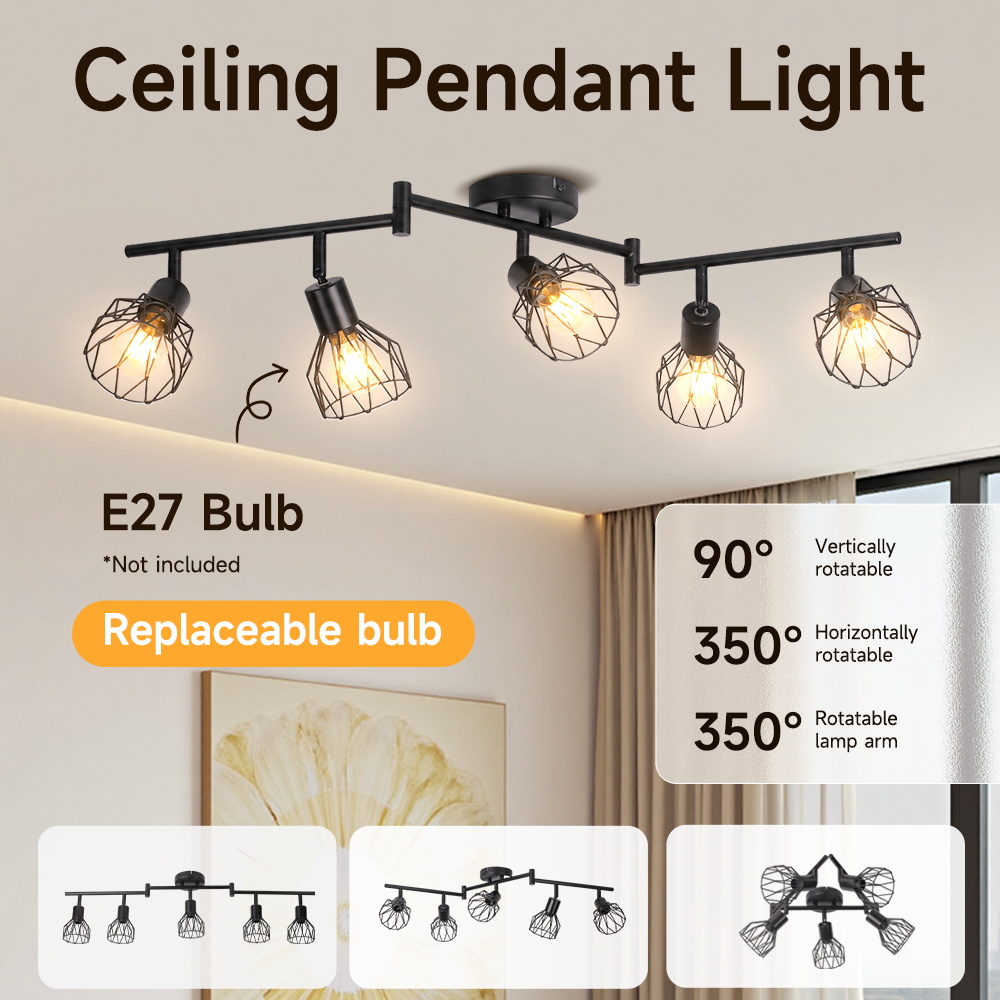(CANMEIJIA) Chandelier-Style Ceiling Spotlight — Iron Cage Design | Black | 5-Head / 6-Head | E27 Socket
