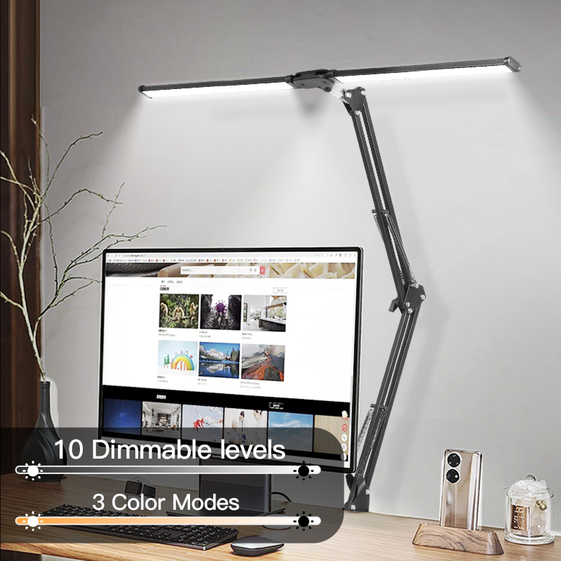 CANMEIJIA Desk Lamp Double-Head Folding Model 002, with Mechanical Arm, Clamp-Type Installation, and Three-Color Dimming