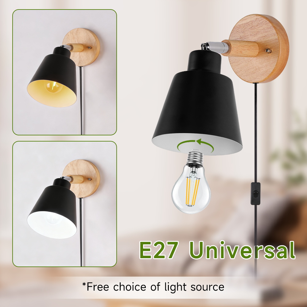 CANMEIJIA  Wall lamp with wooden base, E27 socket (light bulb not included)