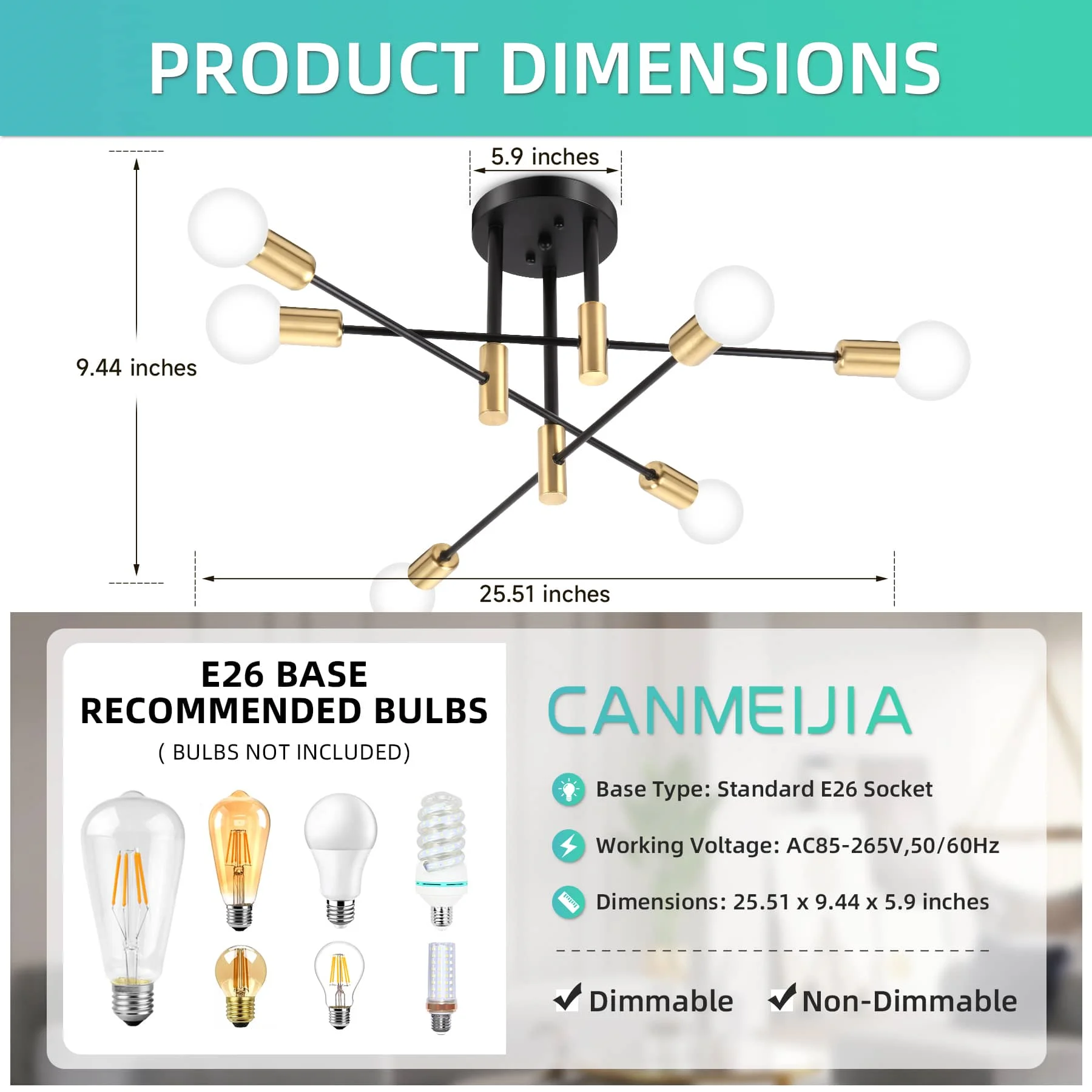 CANMEIJIA branch shape pendant 003 golden 6 lamp base E26 does not include light source