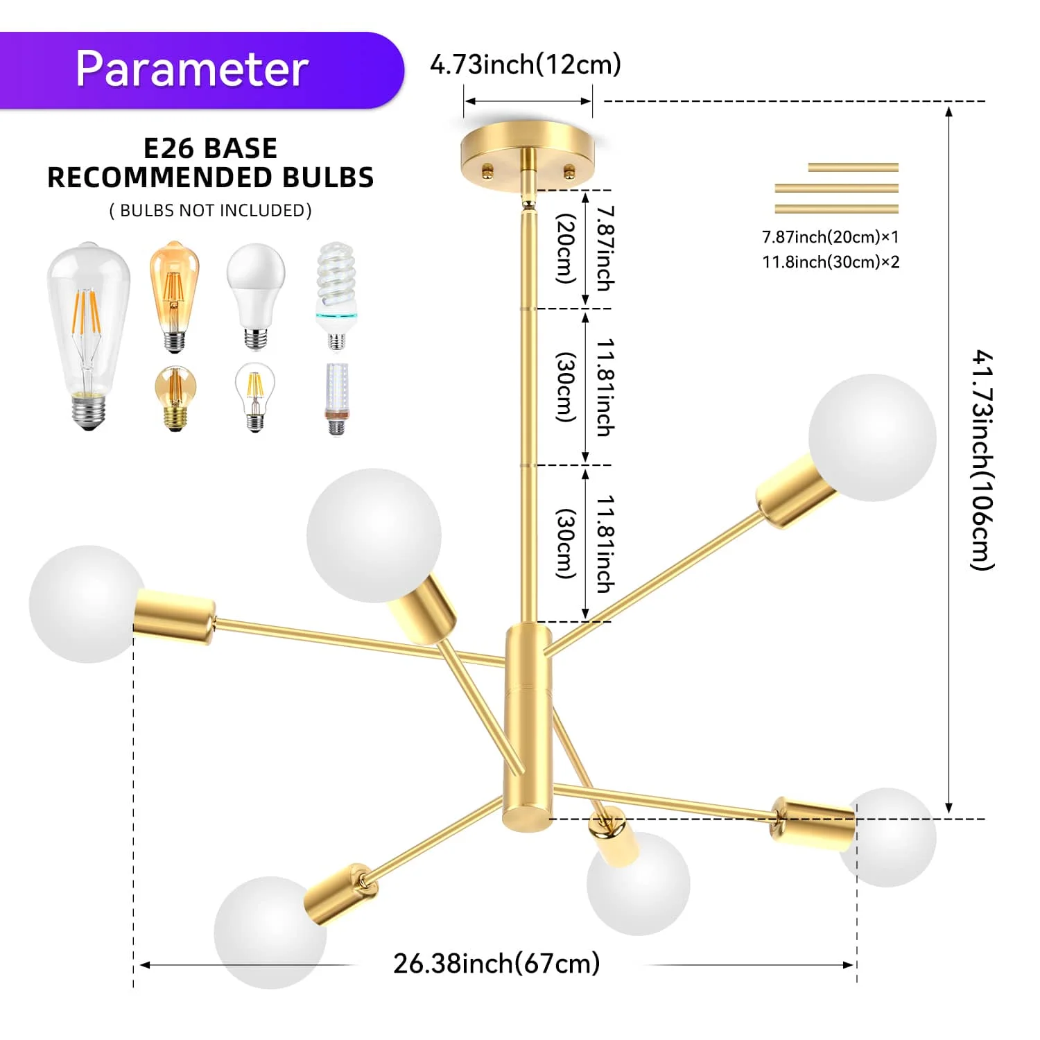 CANMEIJIA Chandelier 002 long pole E26 without light source
