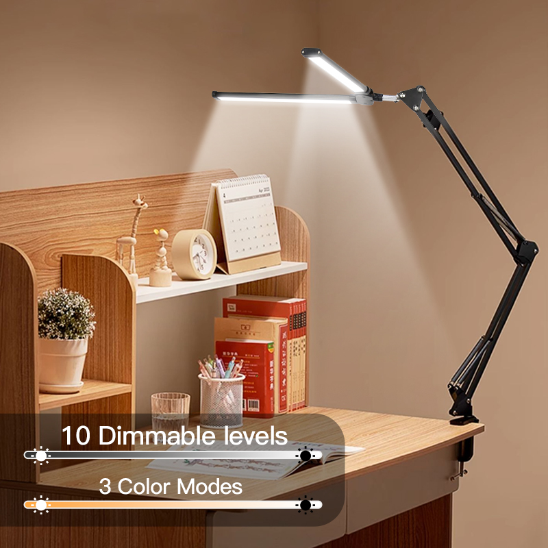 CANMEIJIA Desk Lamp Double-Head Folding Model 002, with Mechanical Arm, Clamp-Type Installation, and Three-Color Dimming