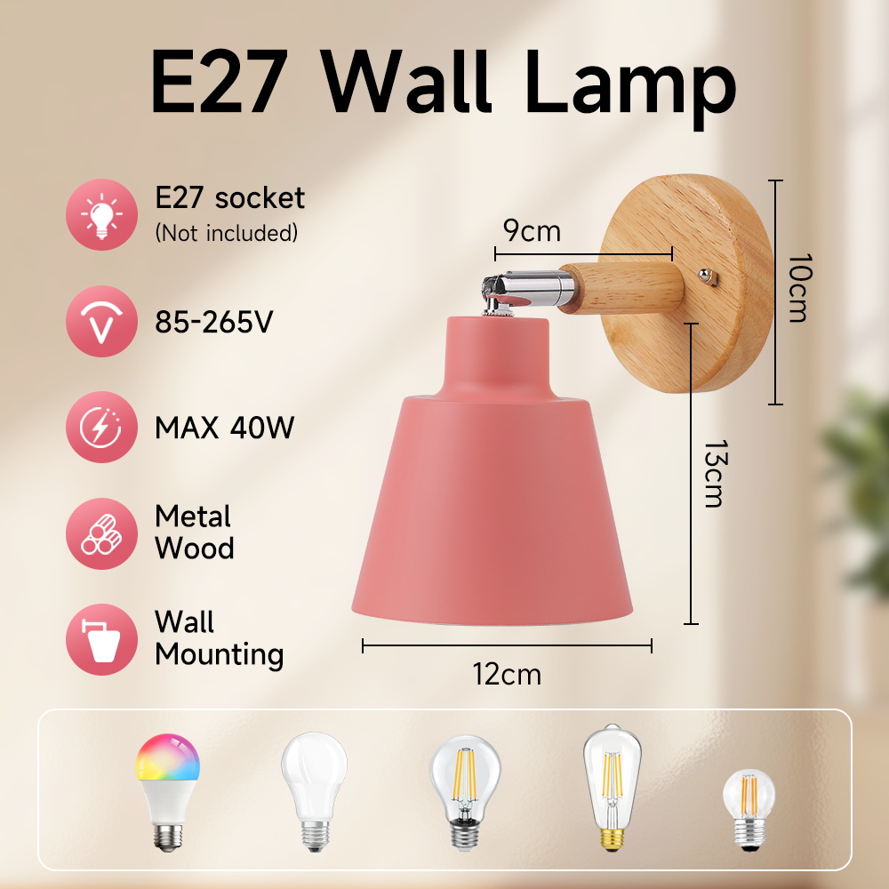 CANMEIJIA  Wall lamp with wooden base, E27 socket (light bulb not included)