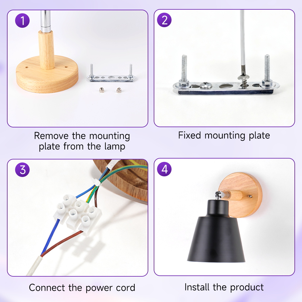 CANMEIJIA  Wall lamp with wooden base, E27 socket (light bulb not included)