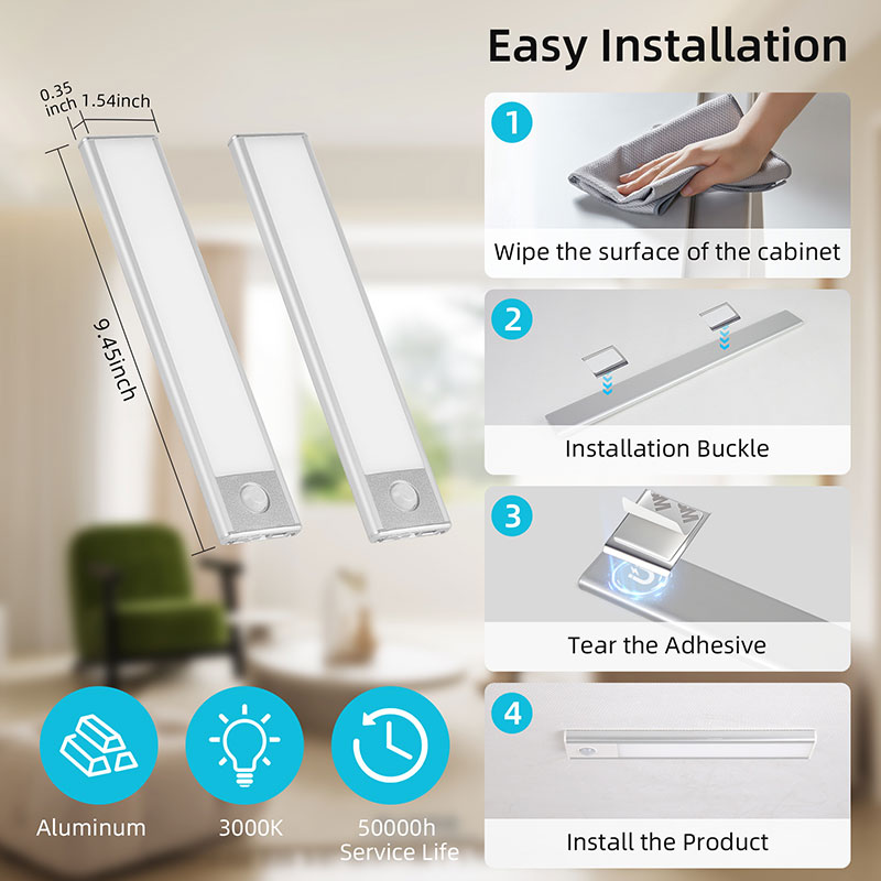 CANMEIJIA  Cabinet light, aluminum alloy, USB-powered, motion-activated, silver color, three-color stepless dimming
