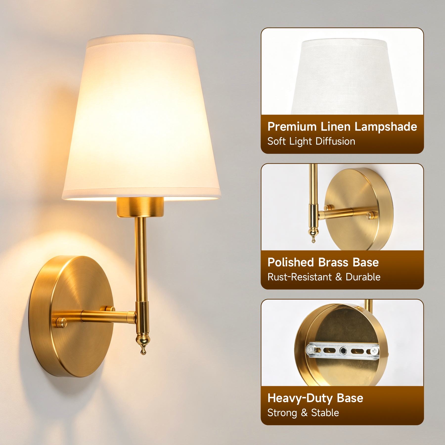 Canmeijia commercial grade rechargeable wall sconce details featuring premium linen lampshade, rust-resistant polished brass finish, and heavy-duty metal base for hotel projects