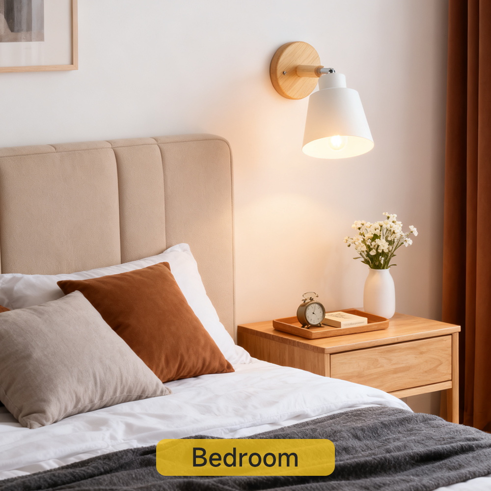 CANMEIJIA  Wall lamp with wooden base, E27 socket (light bulb not included)