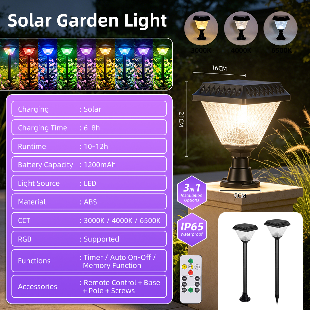 CANMEIJIA  Solar Pole Light Model 003, Black, Ф160*H213, RGB, with Remote Control and Timer