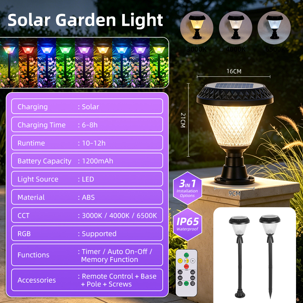 CANMEIJIA  Solar Pole Light Model 003, Black, Ф160*H213, RGB, with Remote Control and Timer