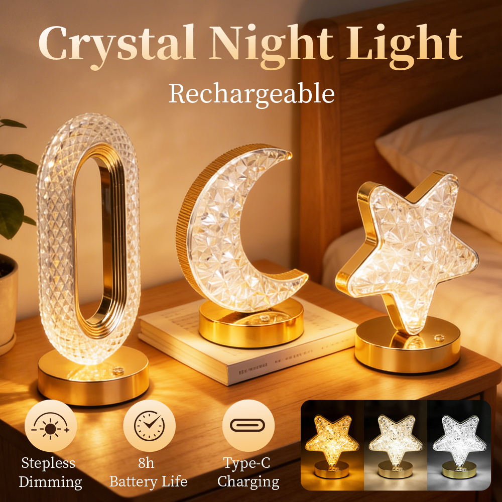 Rechargeable Crystal LED Night Light - Star, Moon & Oval