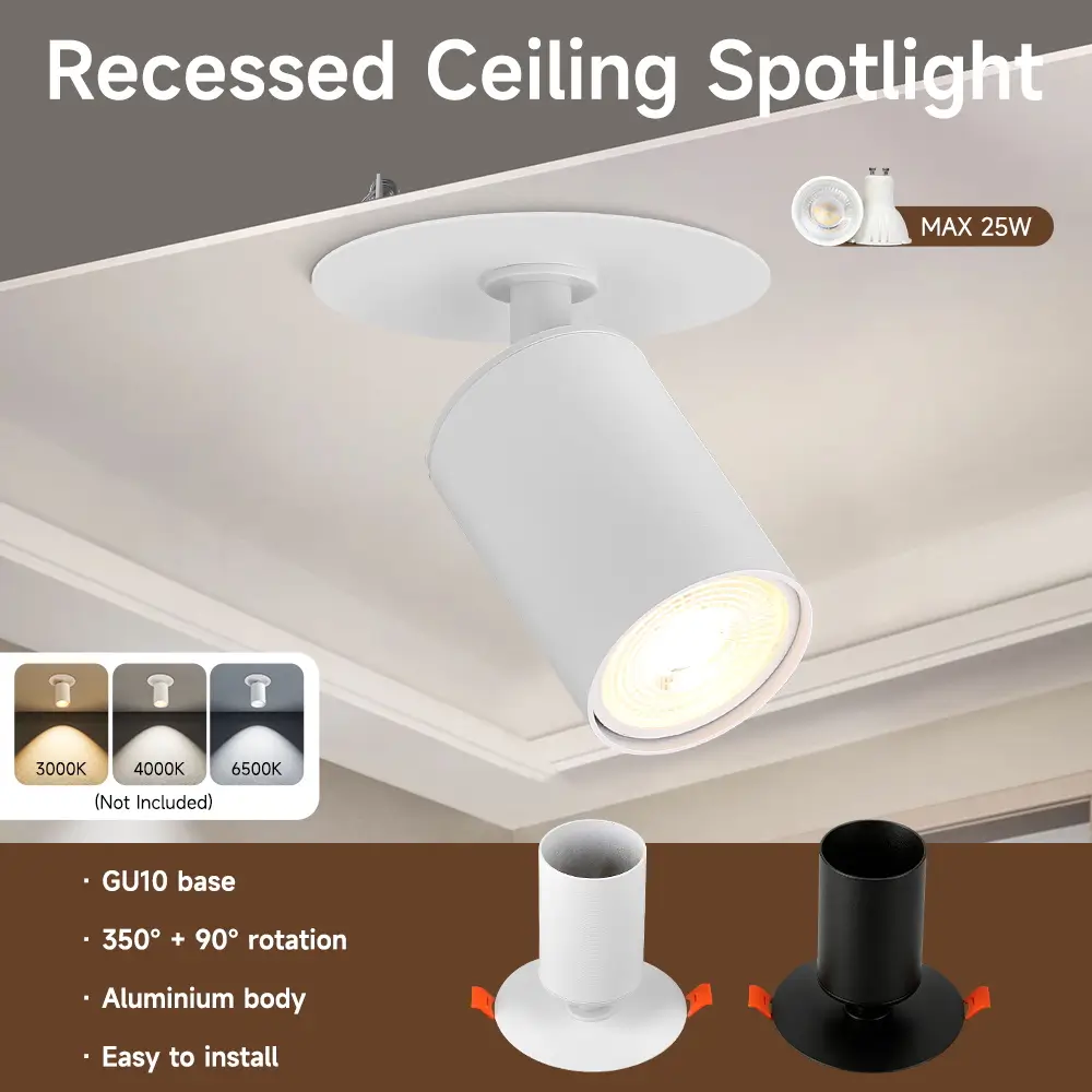 CANMEIJIA Adjustable-Angle Recessed Spotlight (GU10, Bulb Not Included) – Black + WhiteAdjustable-Angle Recessed Spotlight (GU10, Bulb Not Included) – Black + WhiteAdjustable-Angle Recessed Spotlight (GU10, Bulb Not Included) – Black + White