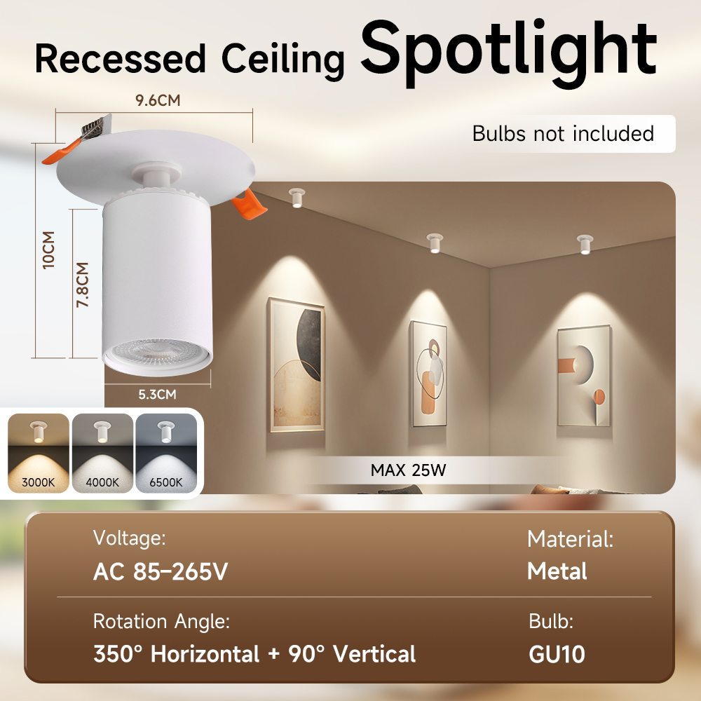 CANMEIJIA Adjustable-Angle Recessed Spotlight (GU10, Bulb Not Included) – Black + WhiteAdjustable-Angle Recessed Spotlight (GU10, Bulb Not Included) – Black + WhiteAdjustable-Angle Recessed Spotlight (GU10, Bulb Not Included) – Black + White