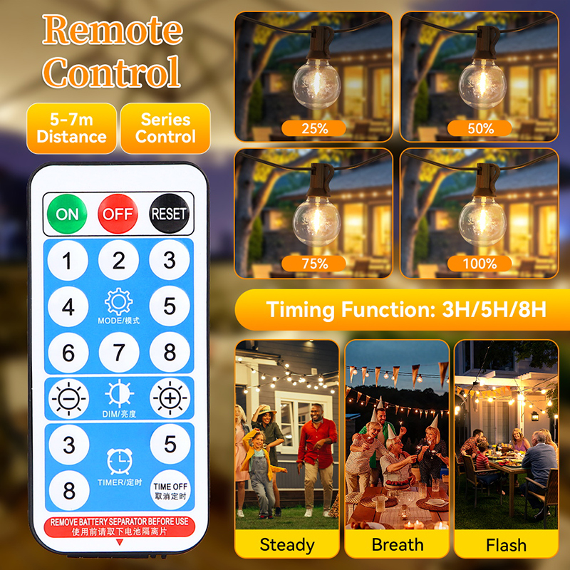 CANMEIJIA Solar Light String 001 with Remote Control, 10+1 DC24V E12 Base G40 Warm Light Bulbs