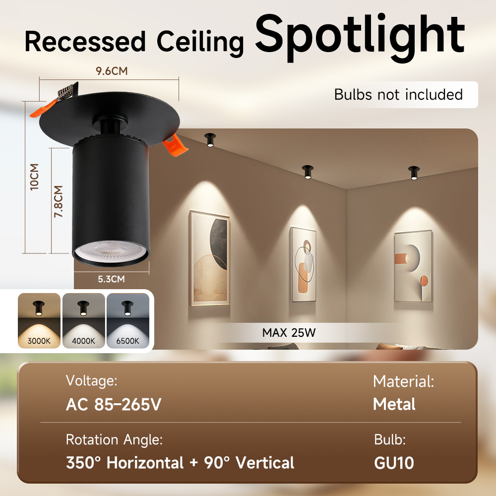 CANMEIJIA Adjustable-Angle Recessed Spotlight (GU10, Bulb Not Included) – Black + WhiteAdjustable-Angle Recessed Spotlight (GU10, Bulb Not Included) – Black + WhiteAdjustable-Angle Recessed Spotlight (GU10, Bulb Not Included) – Black + White