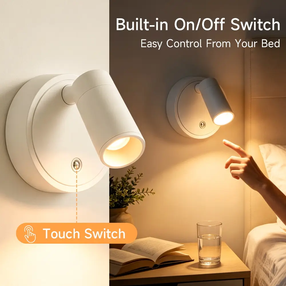 White LED bedside reading wall sconce with built-in touch on off switch for easy bedside control in hotel and home