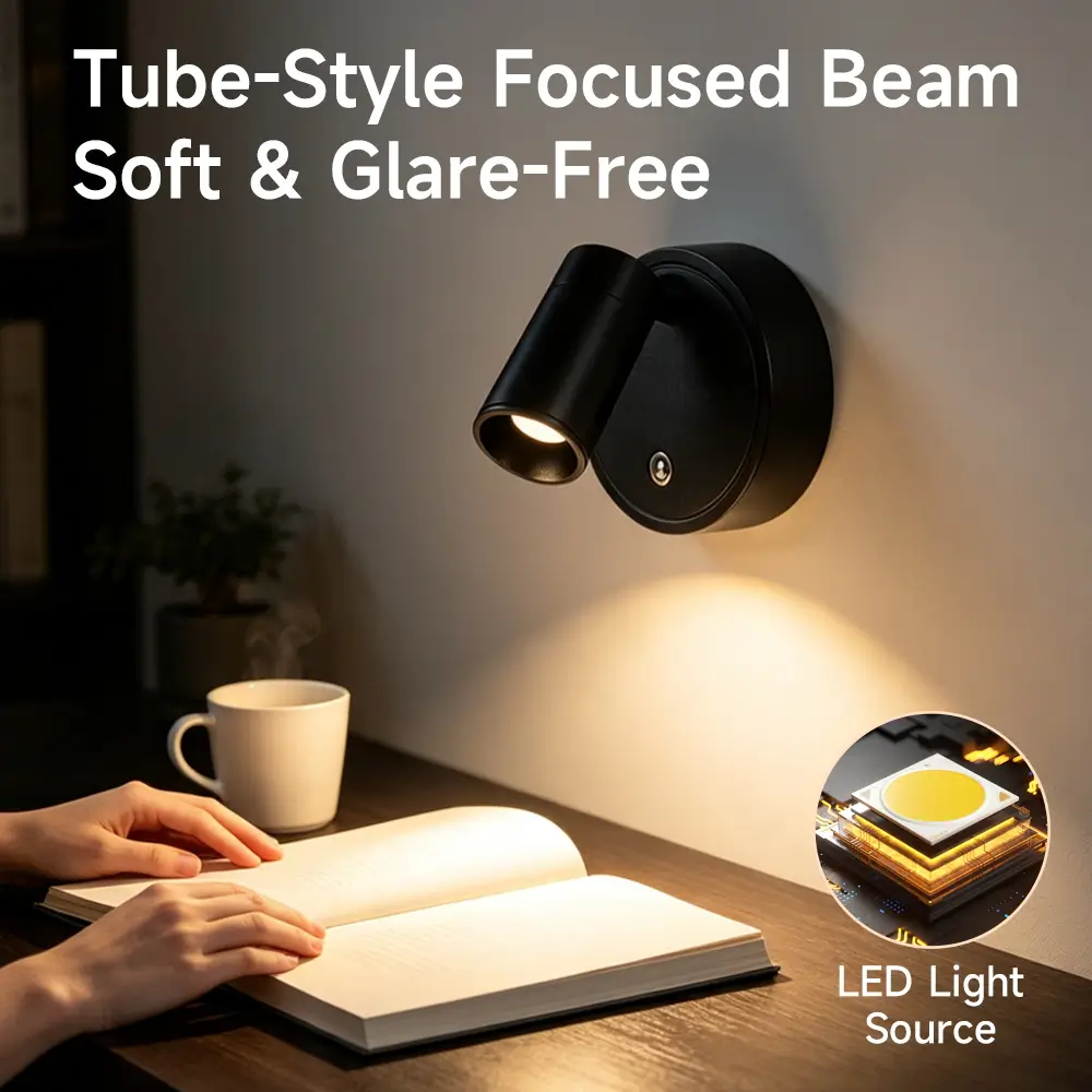 Tube-style focused beam LED reading wall lamp with glare-free warm light and COB chip for bedside study