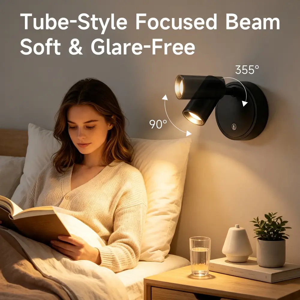 Black LED bedside reading wall lamp with 355 degree rotation and 90 degree tilt angle for comfortable bedroom reading