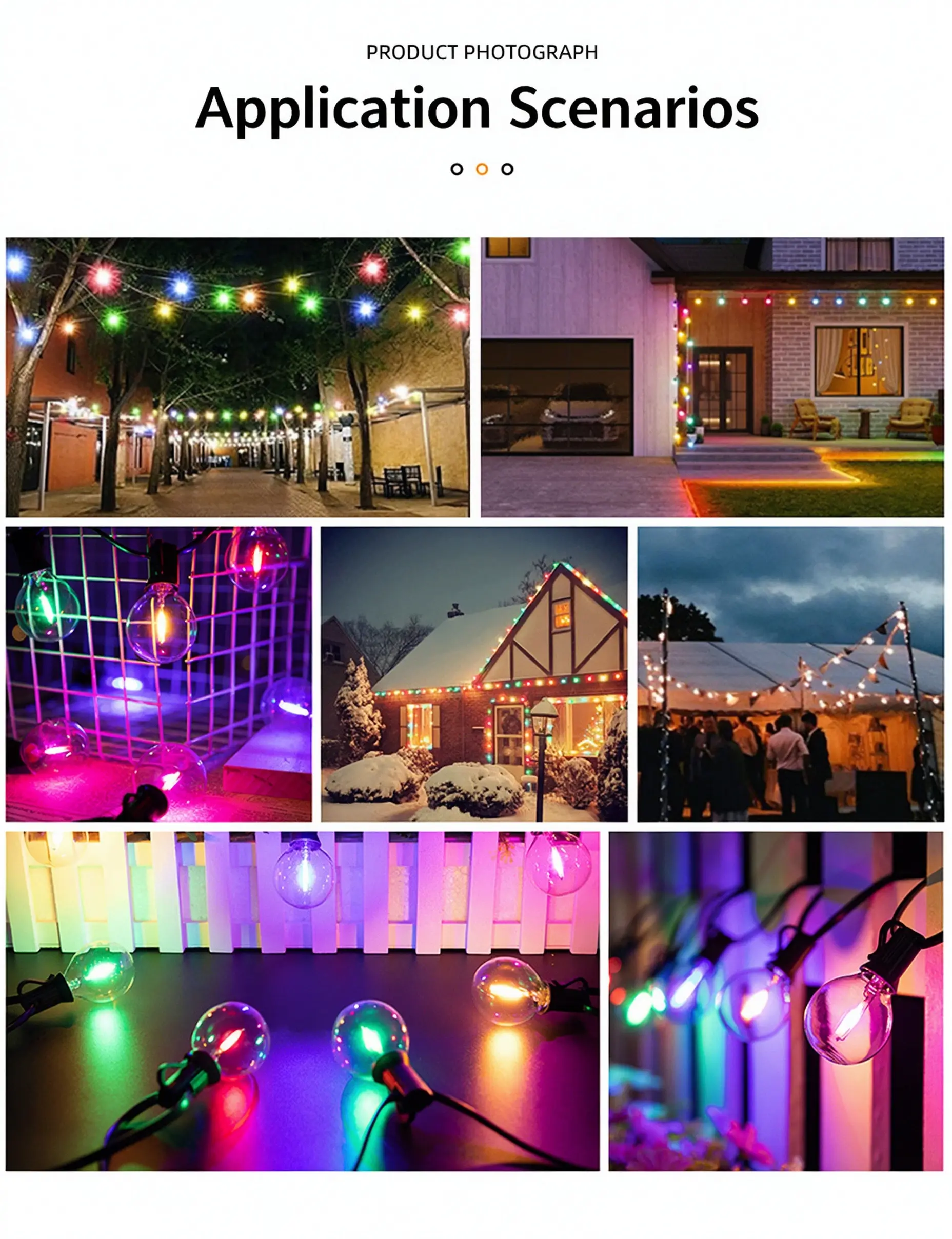 Colorful lighting effect for outdoor decorative and festive applications.