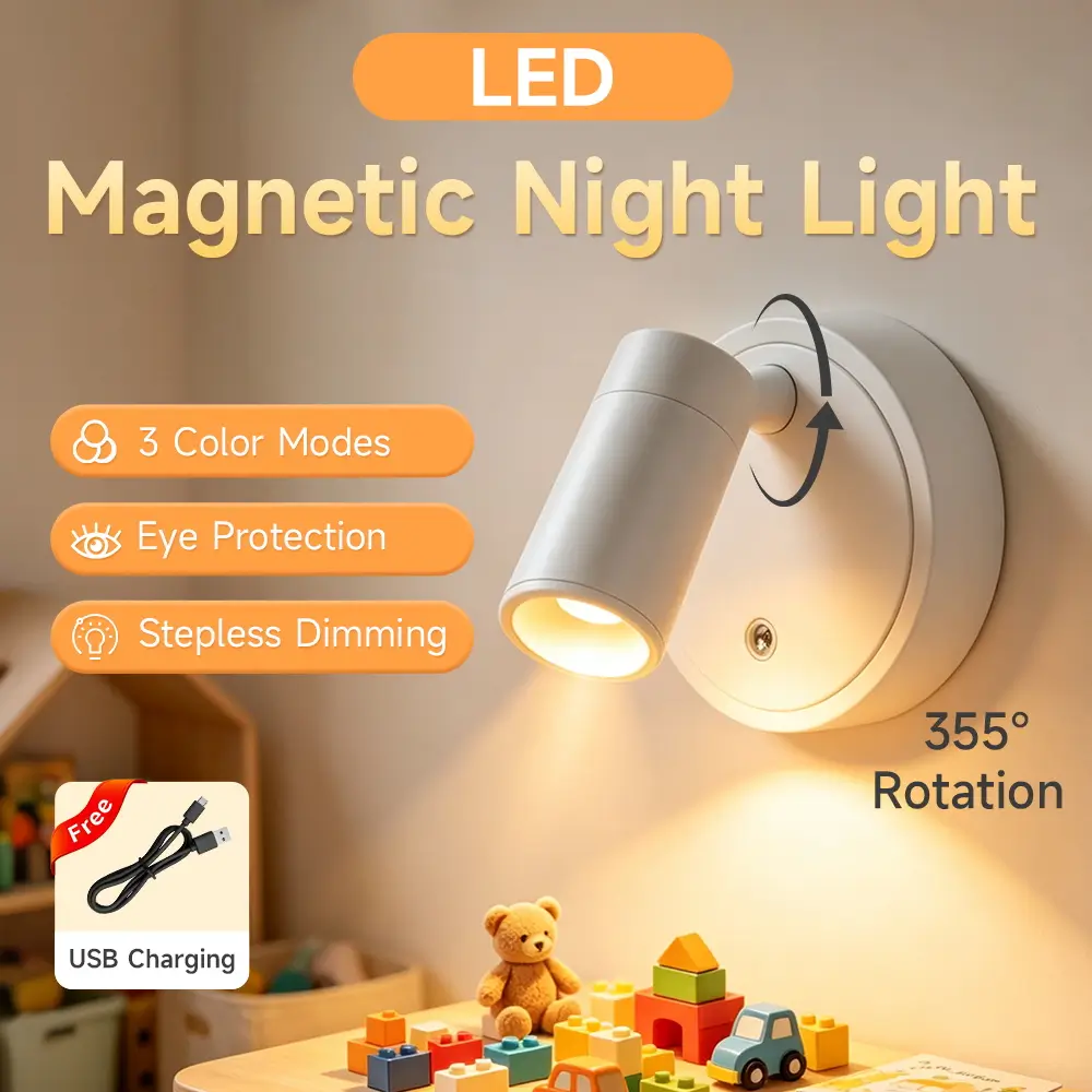 CANMEIJIA rechargeable magnetic LED night light with eye protection 3 color modes and stepless dimming for kids room and nursery