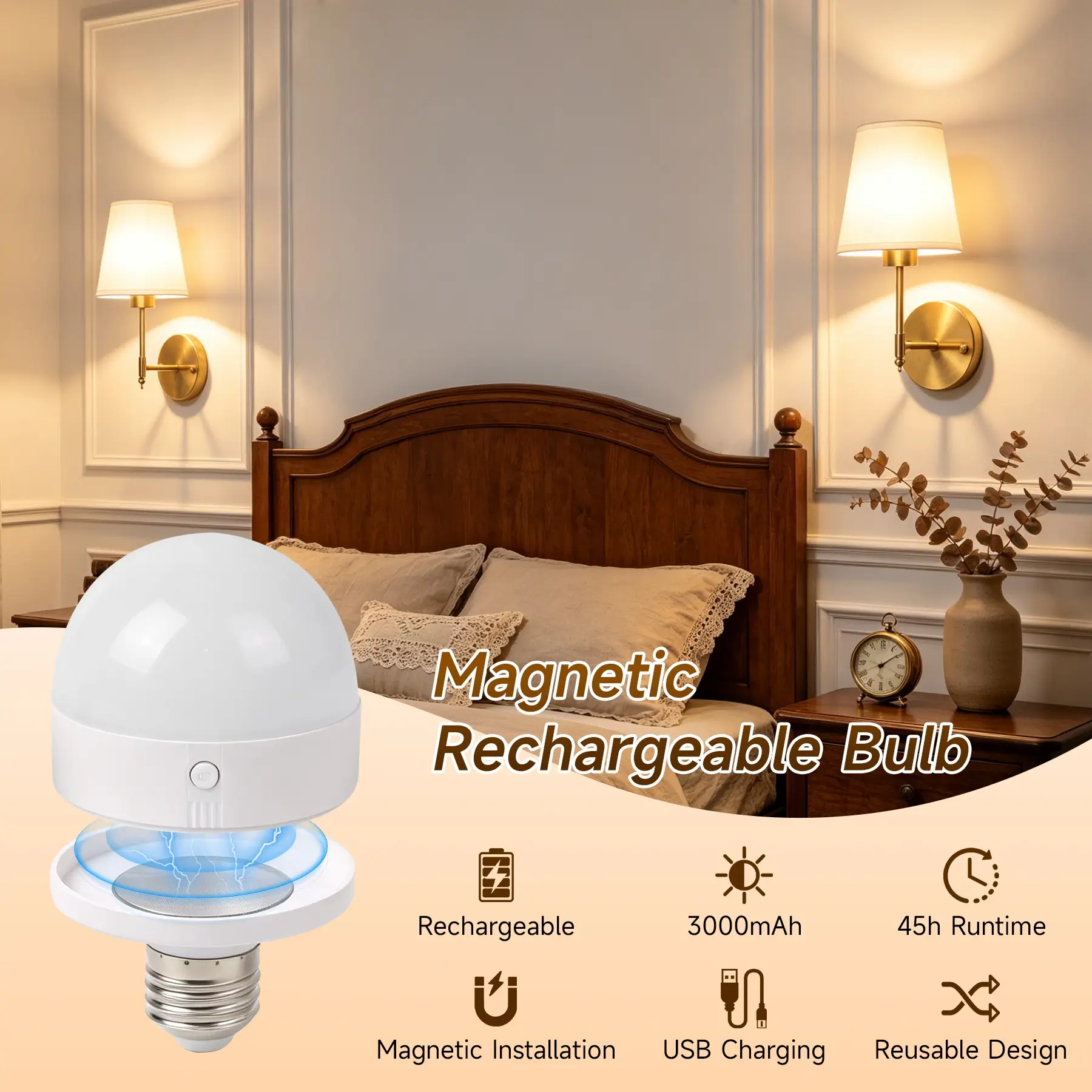 Battery operated modern fabric wall sconce installed bedside in hotel guest room without hardwiring