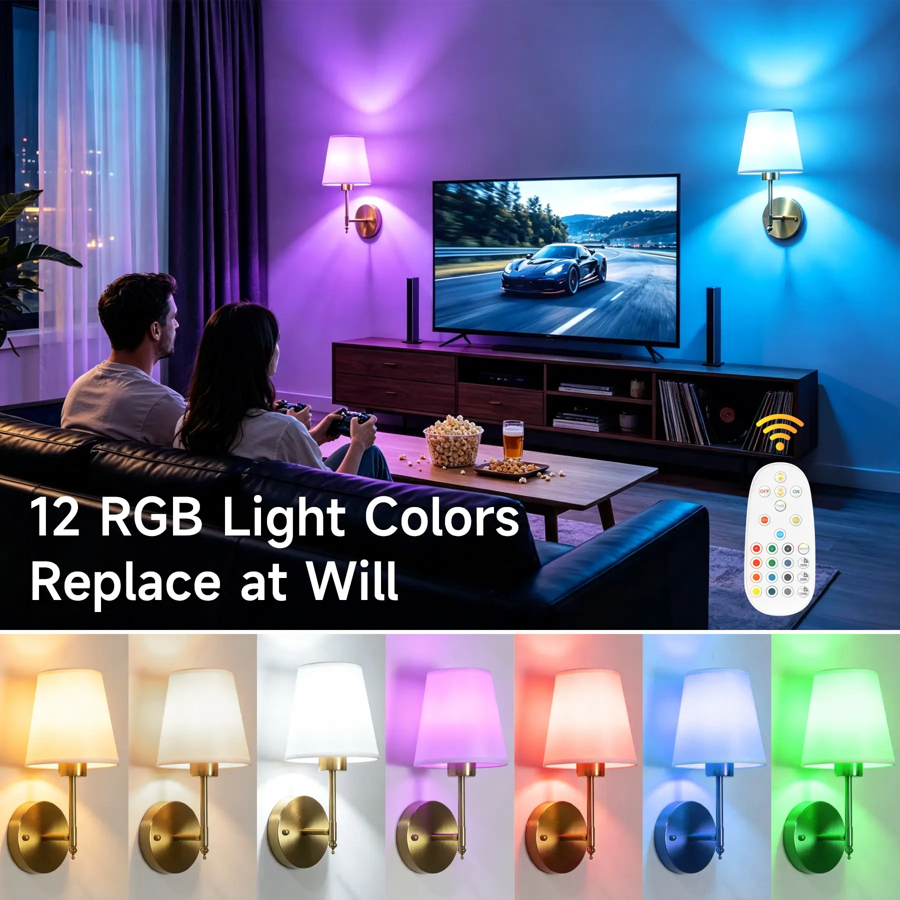 Canmeijia 12 RGB color changing rechargeable fabric wall lamp with remote control for entertainment room and hospitality ambient lighting