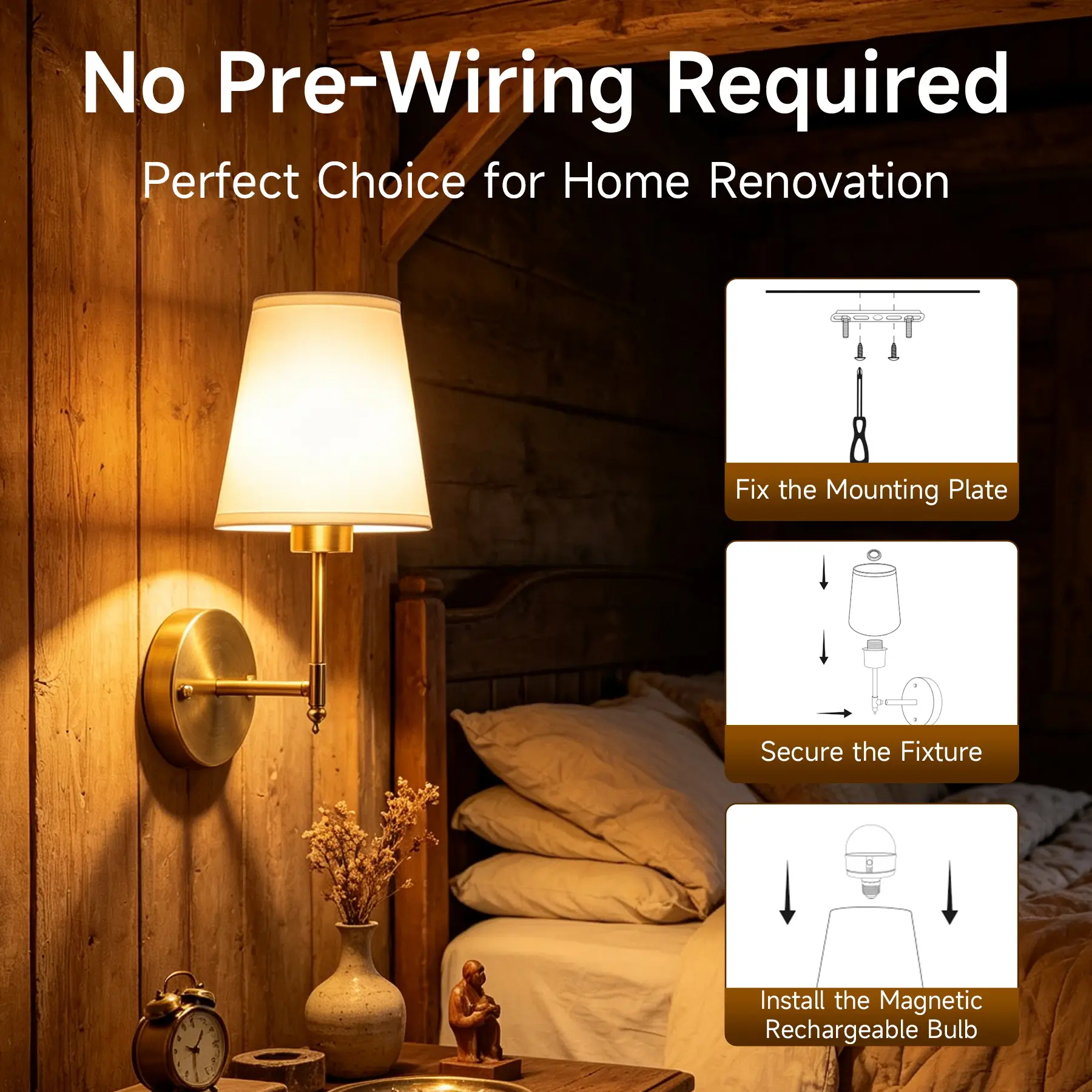 Canmeijia non-hardwired rechargeable fabric wall sconce easy 3-step installation with magnetic bulb for hotel renovation and retrofit projects