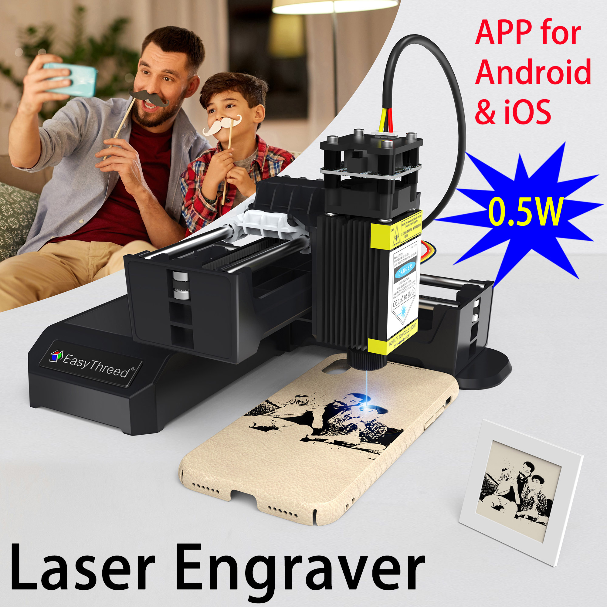 EasyThreed Laser Engraver 0.5W Entry Level Beginners Mobile APP Bluetooth connectivity Creative DIY Versatile Tool for Wood Leather Plastic Rubber Engraving Area 100x100mm 3.94x3.94inch