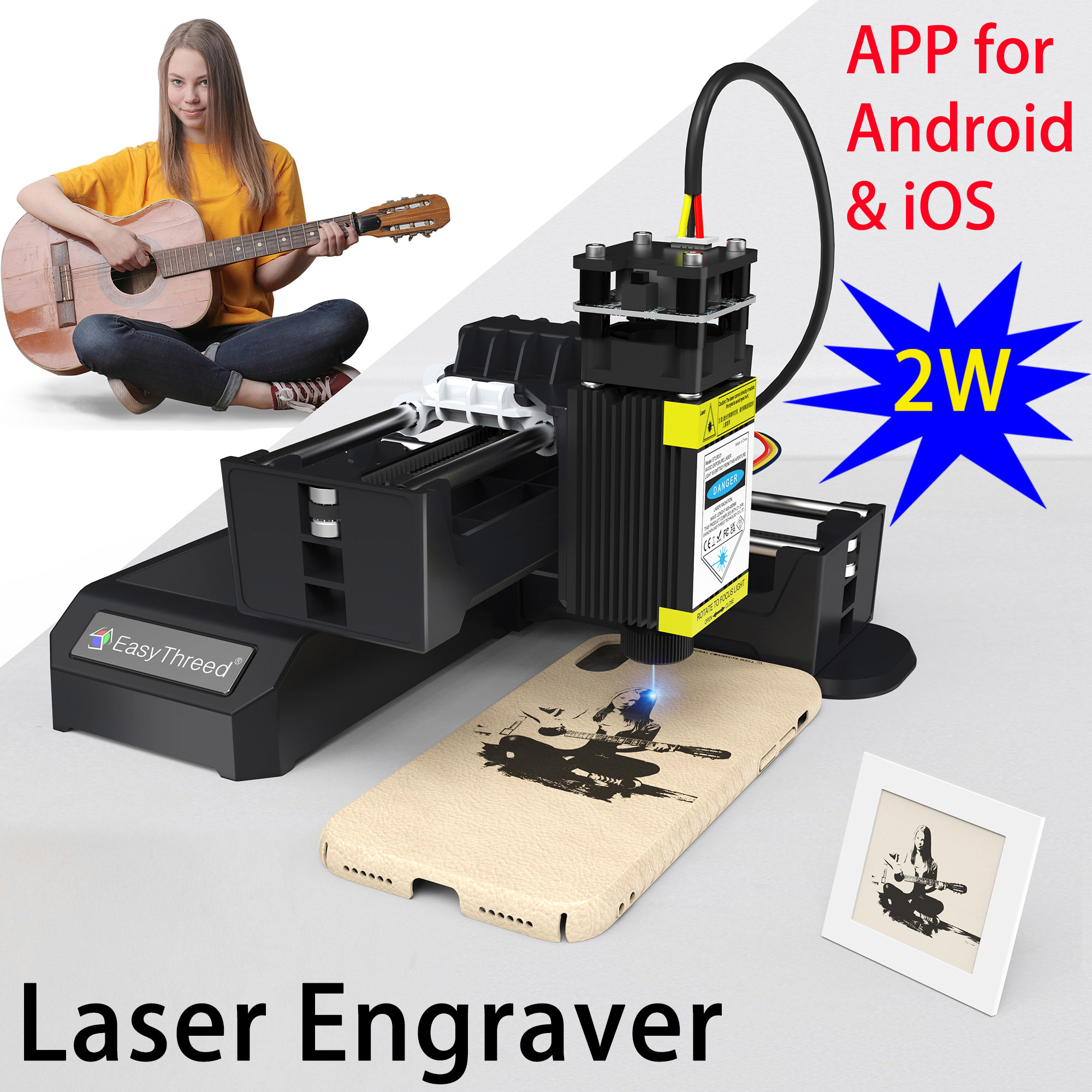 EasyThreed Laser Engraver 2W Entry Level Beginners Mobile APP Bluetooth connectivity Creative DIY Versatile Tool for Wood Leather Plastic Rubber Engraving Area 100x100mm 3.94x3.94inch