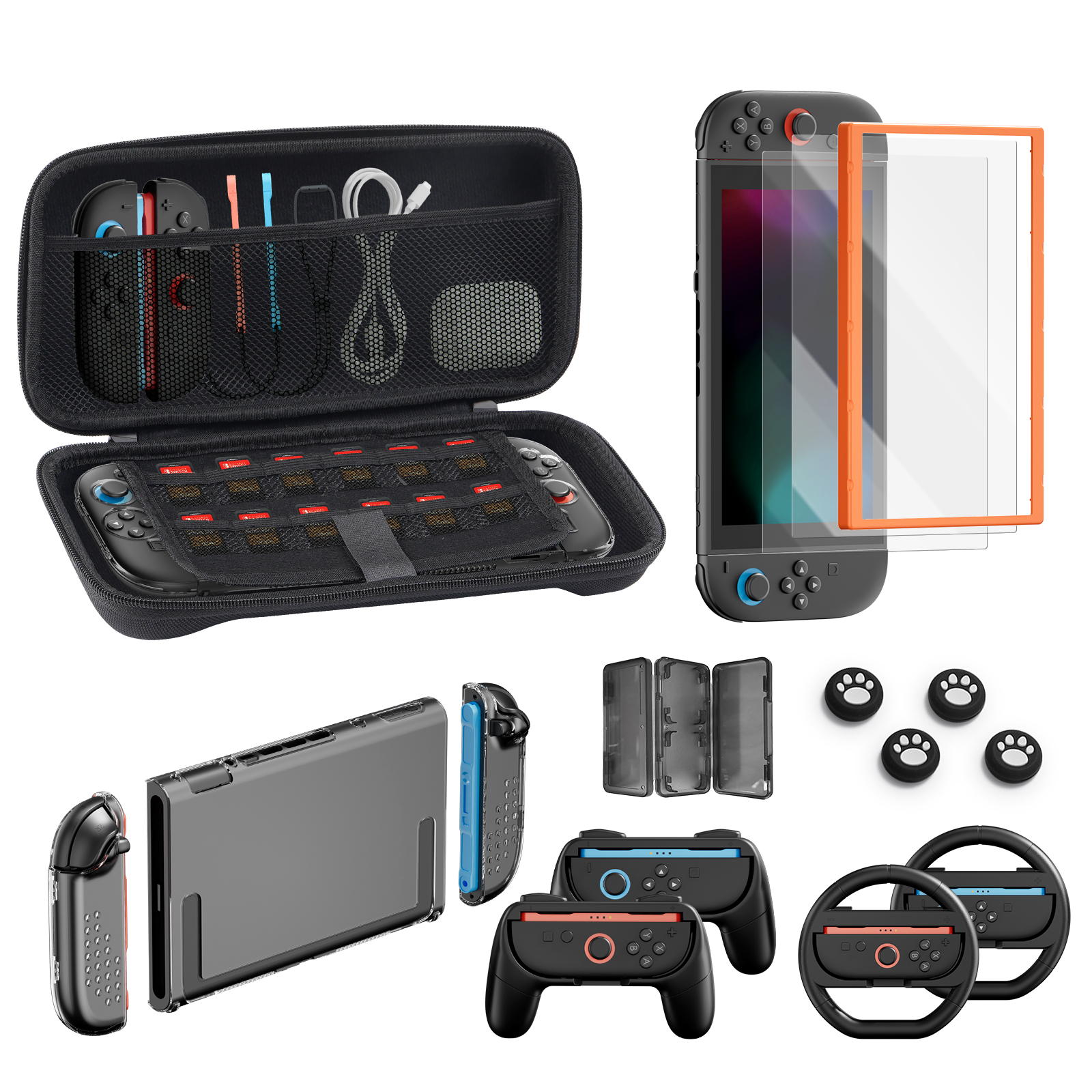 Switch 2 Accessories, Carrying Case & Screen Protector for Nintendo, 16-in-1 Game Bundle: Two Tempered Glass, Travel Dockable Shell, Grip for Joycon Controller, Console Protective Cover Steering Wheel
