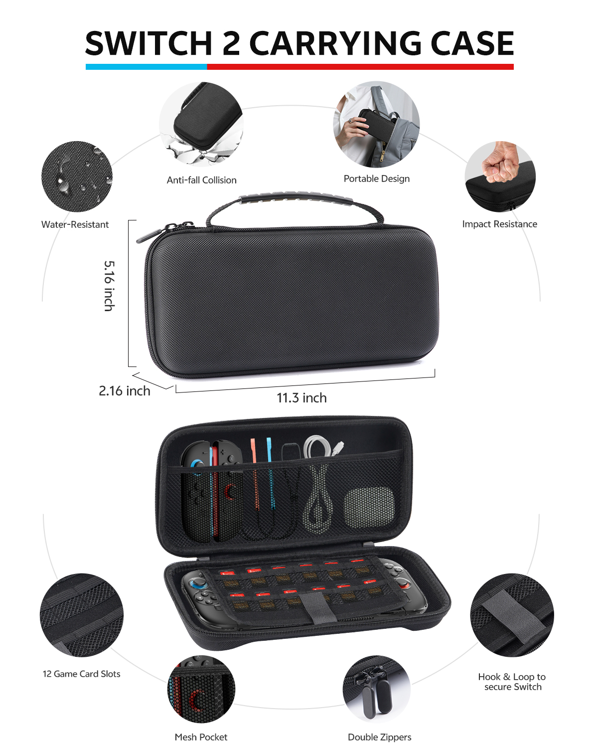 Switch 2 Accessories, Carrying Case & Screen Protector for Nintendo, 16-in-1 Game Bundle: Two Tempered Glass, Travel Dockable Shell, Grip for Joycon Controller, Console Protective Cover Steering Wheel