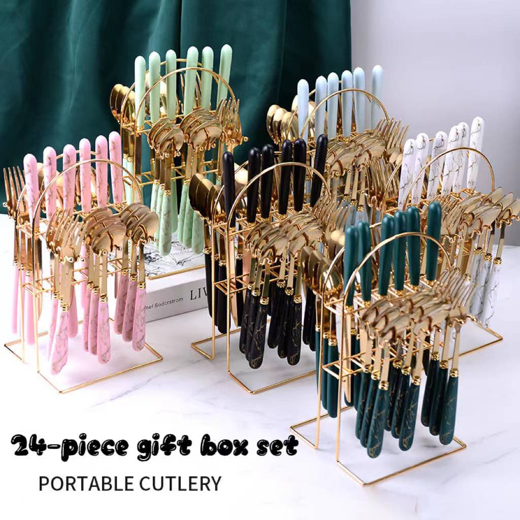 New 24-piece gift box marbled stainless steel tableware
