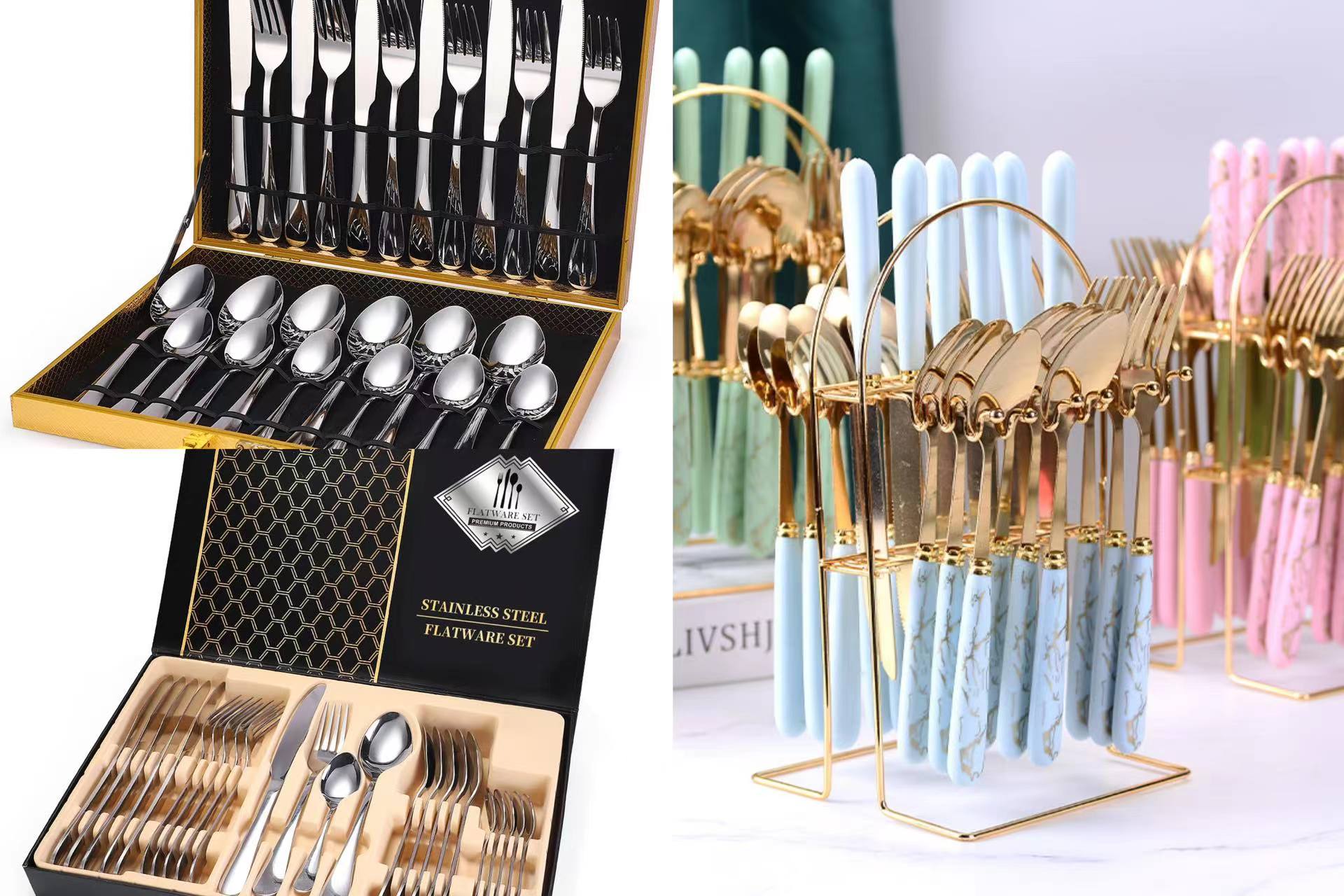 New 24-piece gift box marbled stainless steel tableware